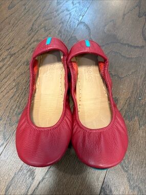 Tieks Red Leather Ballet Flats with Teal Heel Tab 6